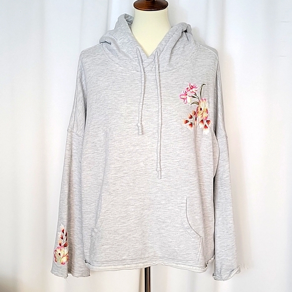 Betsey Johnson Tops - Light Gray Floral Embroidered Hoodie Top - Women's Sweatshirt
